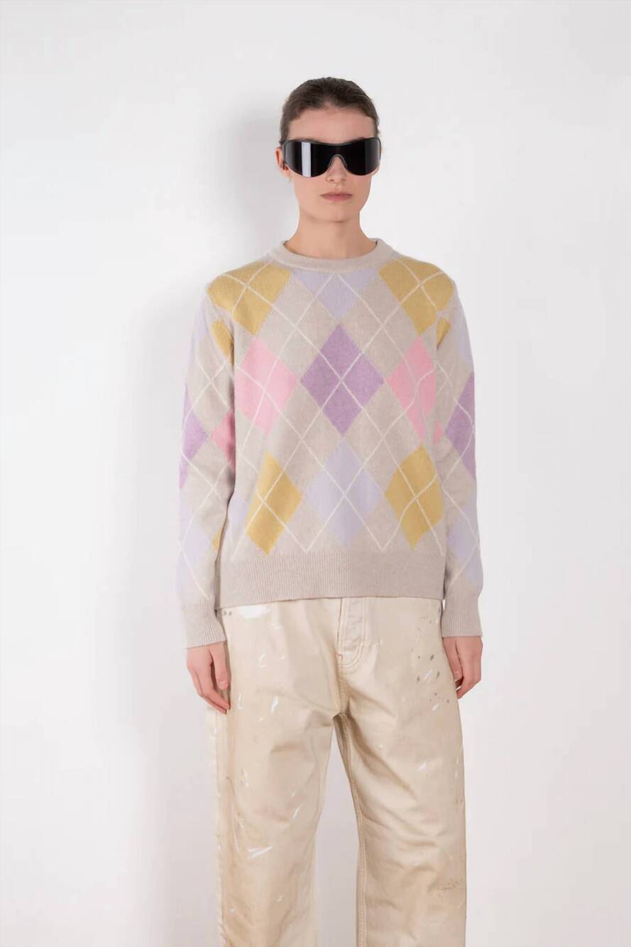 NEW &DAUGHTER argyle crew lambswool sweater in oatmeal/pink